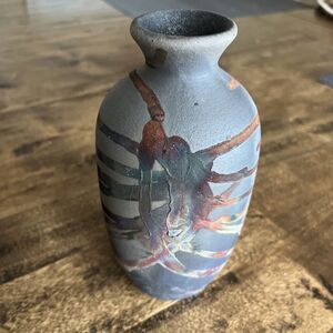 Koban Raaquu Raku Ceramic Pottery Vase Handmade 7" Tall Gray Multicolor